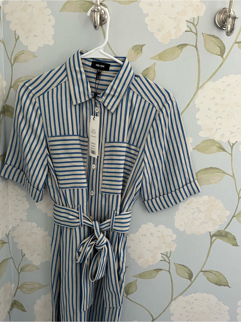ME+EM Blue and White Striped Midi Shirt Dress with Tie Belt
